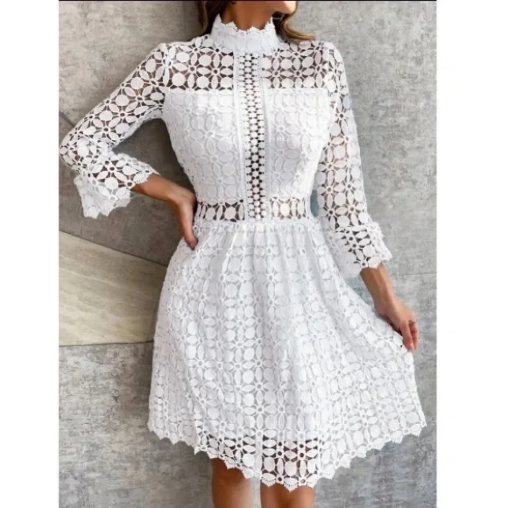 Classic Lace Frill Neck Long Sleeve Party Dress - Picture 11 of 13